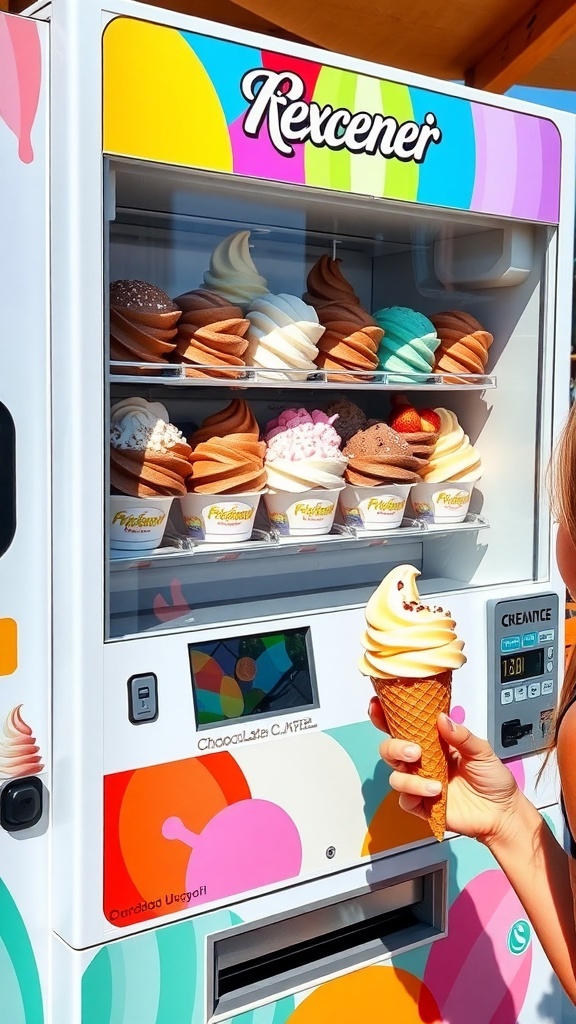 An ice cream vending machine with colorful ice cream flavors and a customer enjoying a cone.